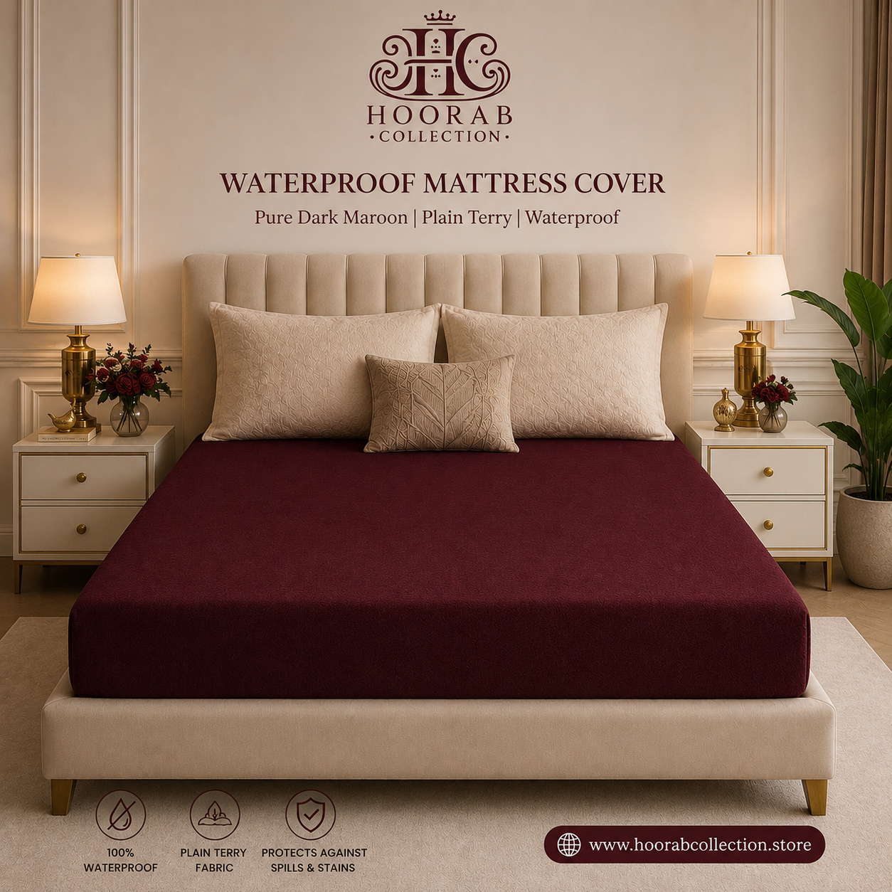 Premium Waterproof Mattress Cover – Terry Cotton Soft, Breathable & Spill Proof -Maroon