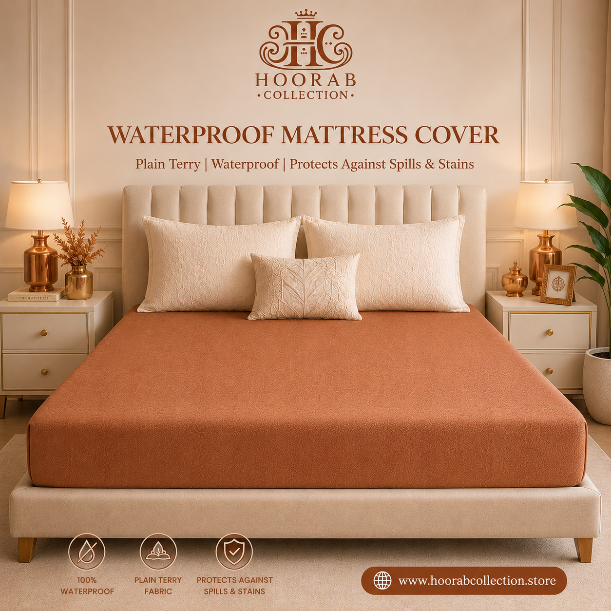 Premium Waterproof Mattress Cover – Terry Cotton Soft, Breathable & Spill Proof - Coper brown