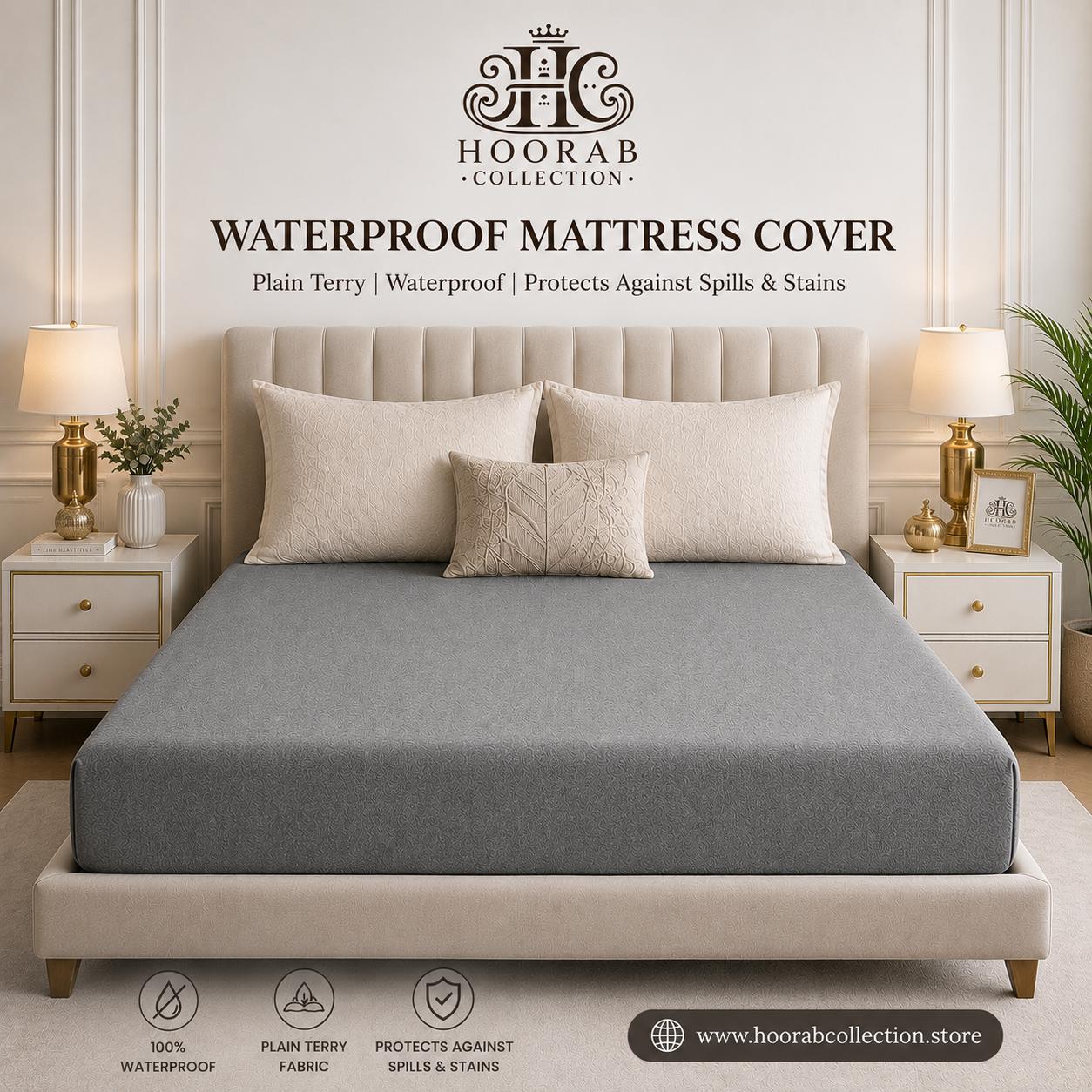 Premium Waterproof Mattress Cover – Terry Cotton Soft, Breathable & Spill Proof -Grey